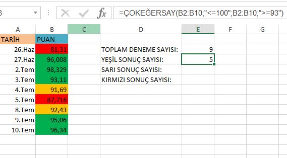 Belli değer aralığı için koşullu EĞERSAY
