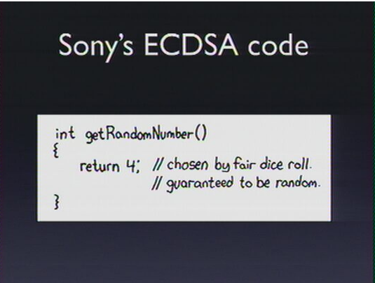 ECDSA. ECDSA: ECDSA. Fair dice. Chosen by Fair dice Roll guaranteed to be Random.