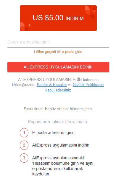 Aliexpress 6$ harcamaya 5$ indirim web sitesi