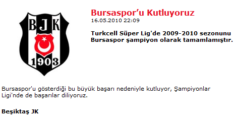  Beşiktaş : Bursaspor'u Kutluyoruz