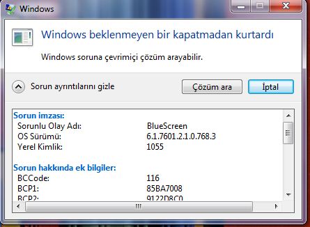  windows 7 garip mavi ekran hatası