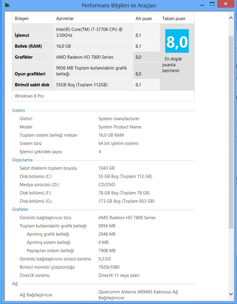  Windows 8 De Sisteminizin Aldığı Puan Kaç?
