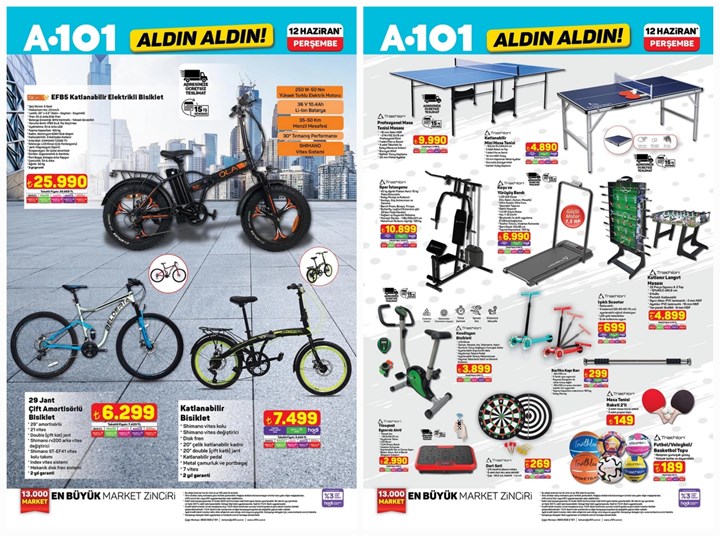 A101 marketler OLA elektrikli bisiklet ve katlanır langırt masası satacak