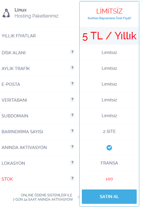  Kurban Bayramına Özel Limitsiz Hosting Yıllık 5 TL!