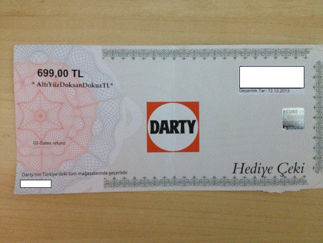  === 699 TL LİK DARTY HEDİYE ÇEKİ ===