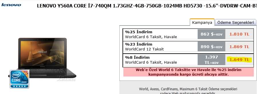  Vatan'da LENOVO Y560A CORE İ7  <1649 TL>