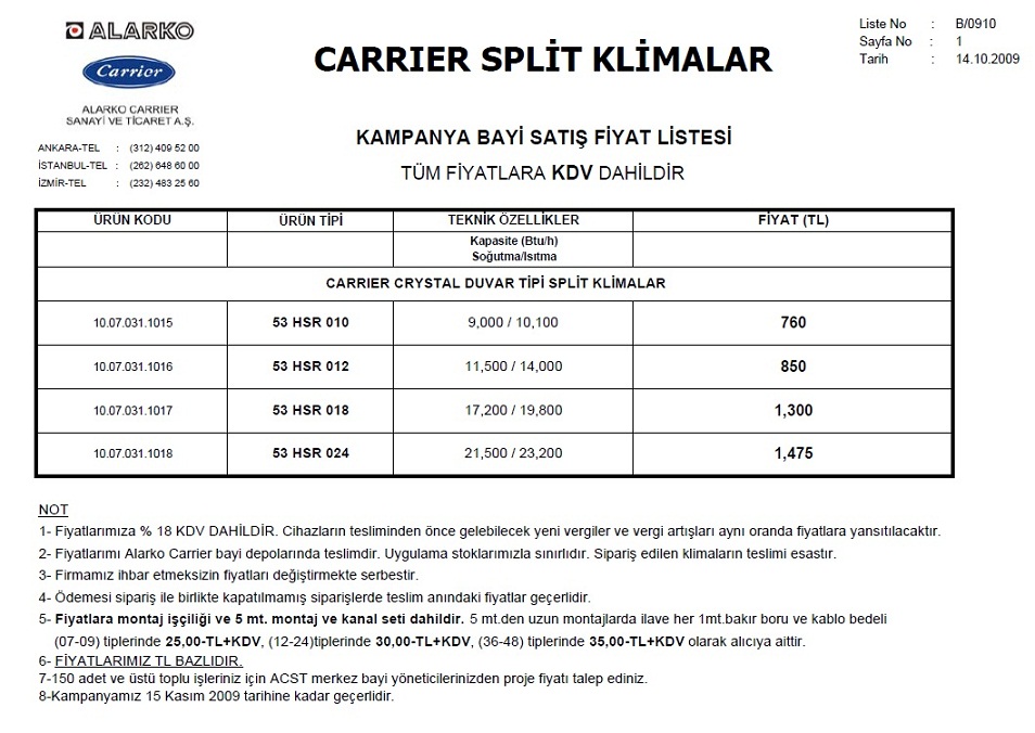  Alarko Carrier Crystal Klimalarda KAMPANYA !