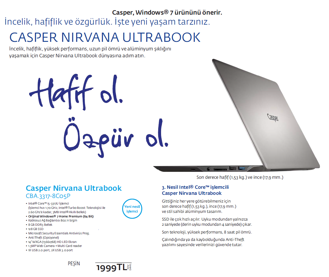  casper  Bu ay  satışına başlayacağı Türkiye’de ilk yeni nesil  i5 işlemcili Ultrabook