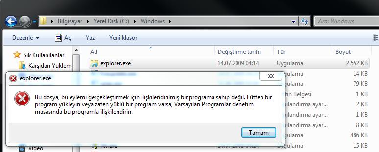  explorer.exe hatası (Bu dosya bu eylemi gerçekleştirmek için ilişkilendirilmiş ......)