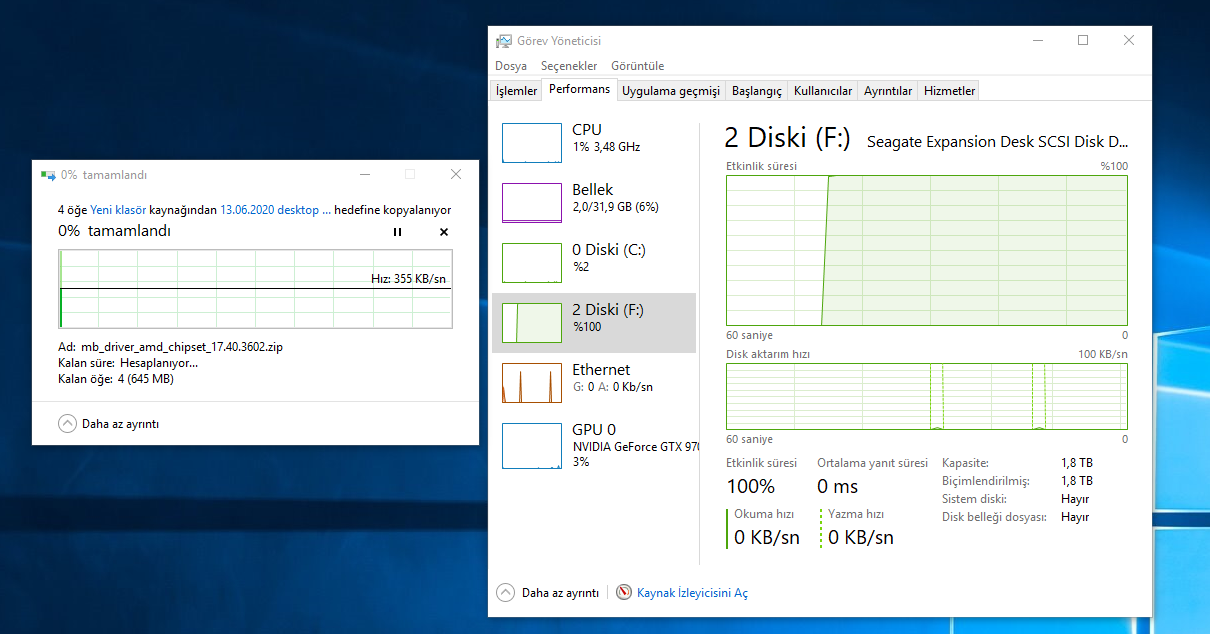 windows 10 1809 hdd diskine veri yazma problemi