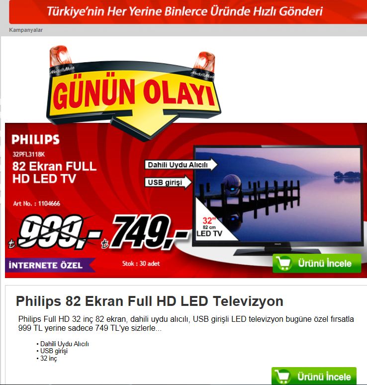  MEDİAMARKT GÜNÜ OLAYI Philips 82 Ekran Full HD LED Televizyon 749 TL