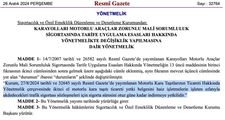 İkinci el araç alım satımında oto galerilere sigorta kolaylığı getirildi