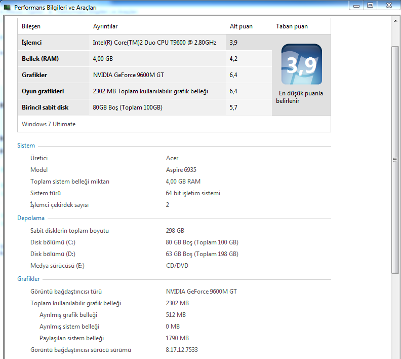  Acer Aspire 6935g cpu upgrade sonrası perfromans düşüşü