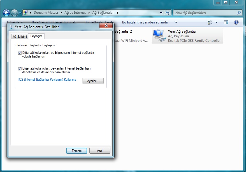  win 7'de kablolu bağlantıyı wi-fi ile paylaşma (programsız+programlı)