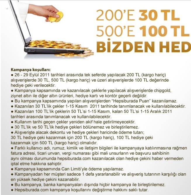  Hepsiburada 200 TL'ye 30 500 TL'ye 100 TL hediye çeki