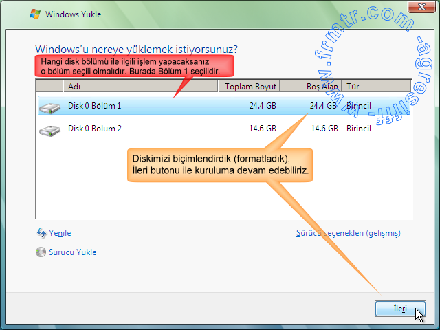  Windows Vista ya nasıl format atılır?ACİ