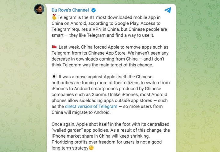 Pavel Durov'dan, Telegram'ın Çin App Store'dan kaldırılmasına tepki