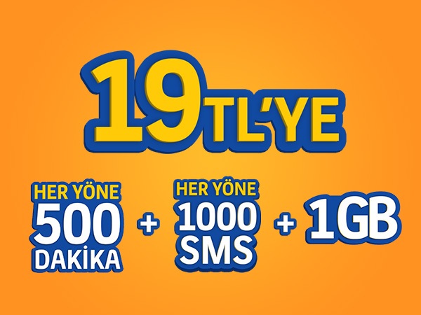  HY 500 DK + HY 1000 SMS + 1 GB INTERNET = 19 TL / Bol 500 Paketi