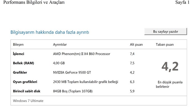  WİNDOWS 7 DE SİSTEMİNİZİN ALDIĞI PUAN KAÇ?