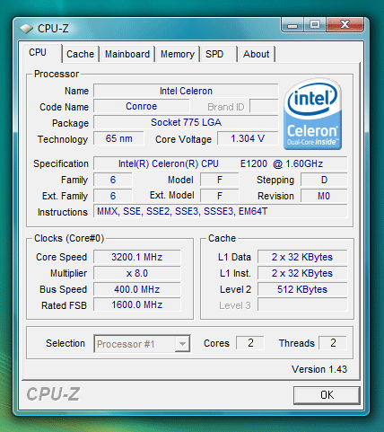  E1200 Dual Core Celeron 1.60 Ghz @ 3.00 Ghz @ 3.20 Ghz - OC Denemesi