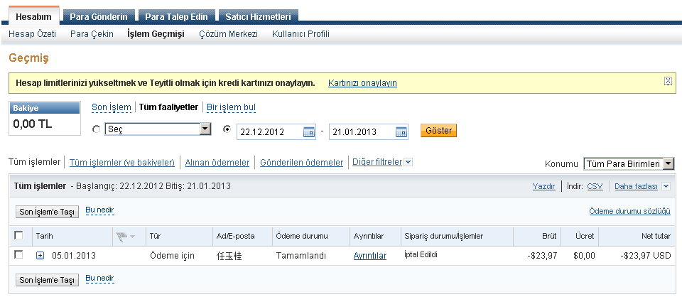  Ebay'dan alışveriş yapmıştım şu an durum.