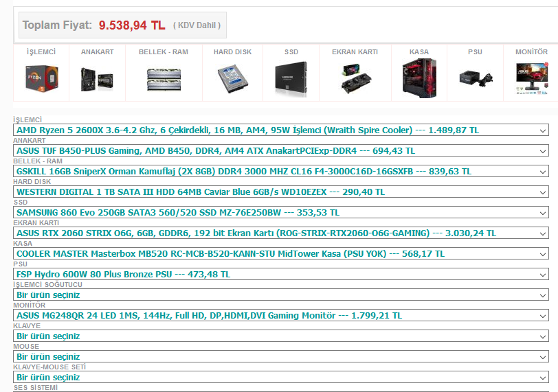 9500 tl monitör dahil.