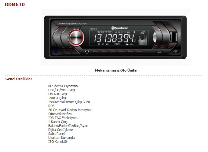  SIFIR,Ambalajında,2Yıl Garantili,ROADSTAR RDM610 USB/SD/MMC, FM Tuner,OTO TEYP