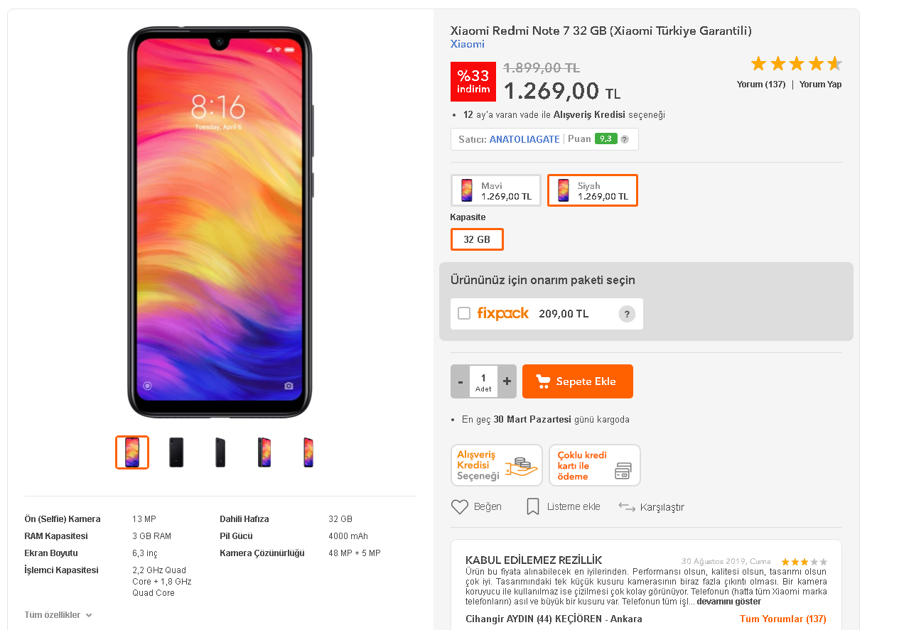 Xiaomi Redmi Note 7  3/32 GB (Xiaomi Türkiye Garantili) 1.270 TL