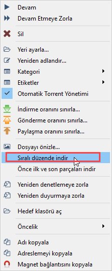 uTorrent in Dosya Parçacıkları Sırayla İndirme