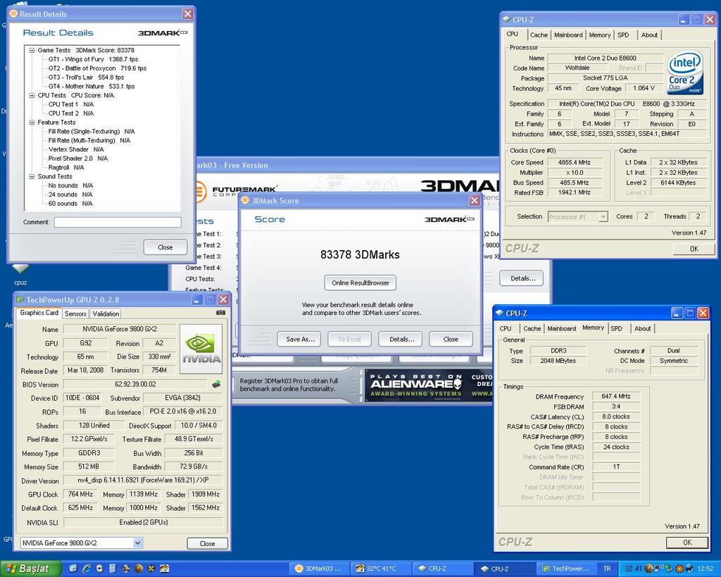  E8600/EVGA9800GX2SC Testleri