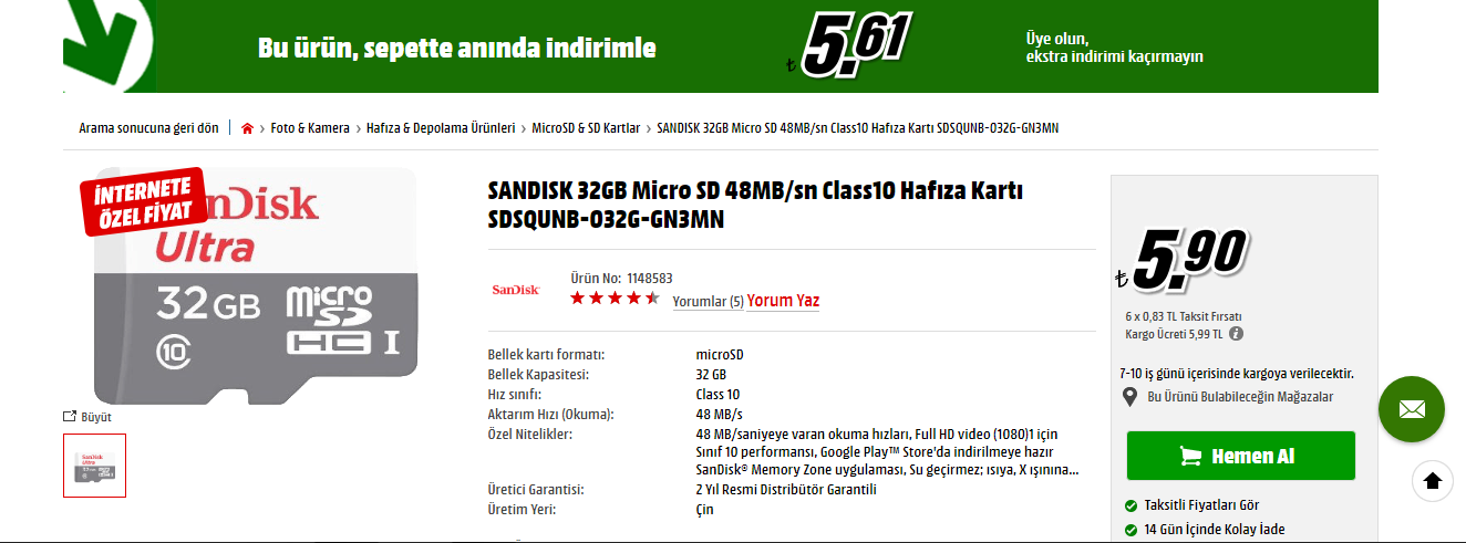 SANDISK 32GB Micro SD 48MB/sn Class10 Hafıza Kartı 5.90 TL
