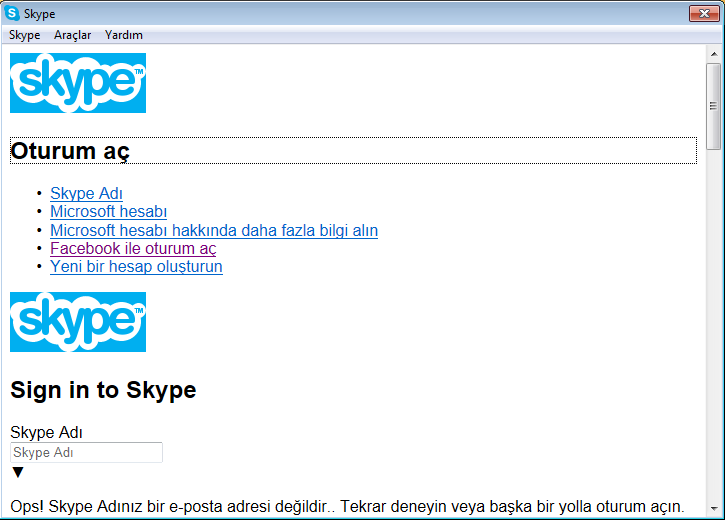  Skype açılış ekran problemi