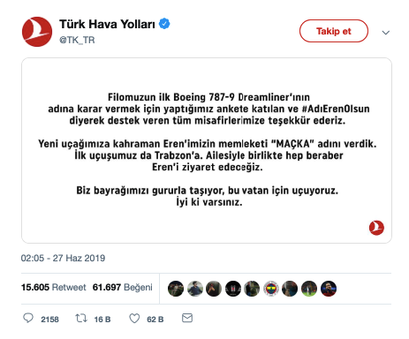 Türk Hava Yolları'ndan Anlamlı Mesaj 