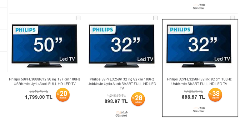  Philips 32PFL3258H 32 inç UsbMovie SMART FULL HD LED TV 698 TL !!!