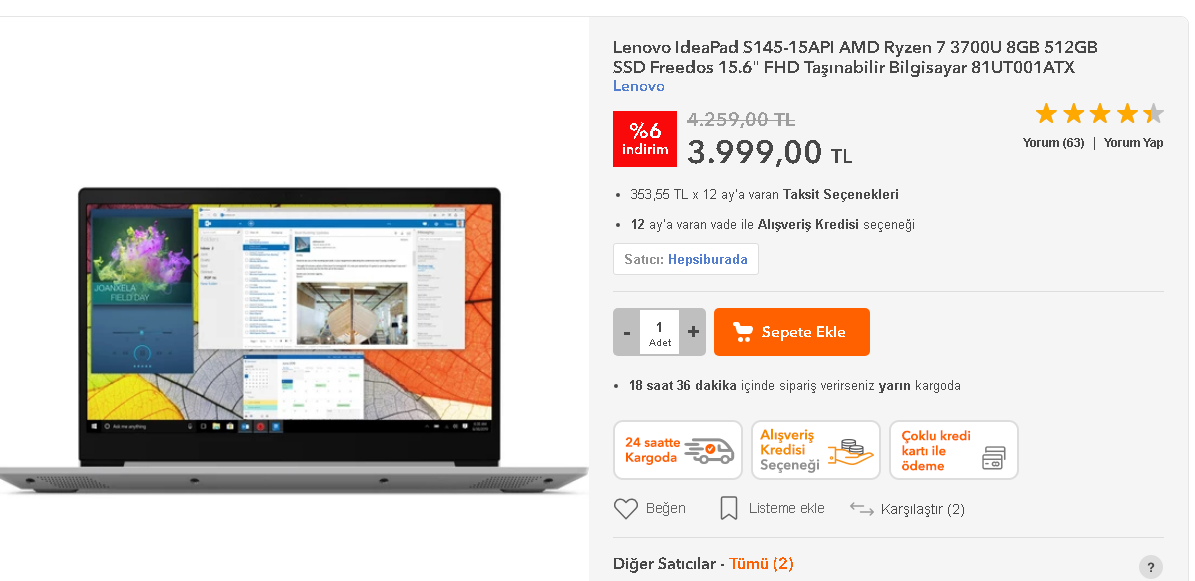 Lenovo IdeaPad S145-15API AMD Ryzen 7 3700U 8GB VEGA 10 512GB SSD 4.000 TL HB