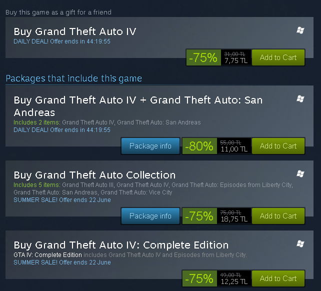  Grand Theft Auto IV Steam'de 7,75 TL