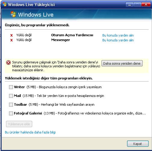  Windows Live Messenger yüklenemiyor