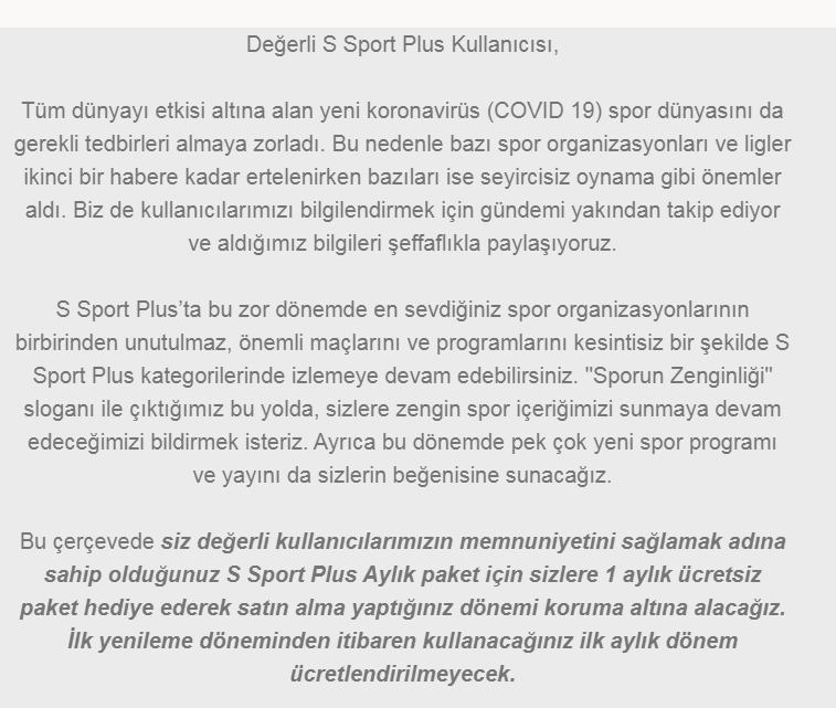 S Sport Plus Korona Virüs Sebebiyle 30 Gün Hediye Etti + 2 Ay Daha Hediye