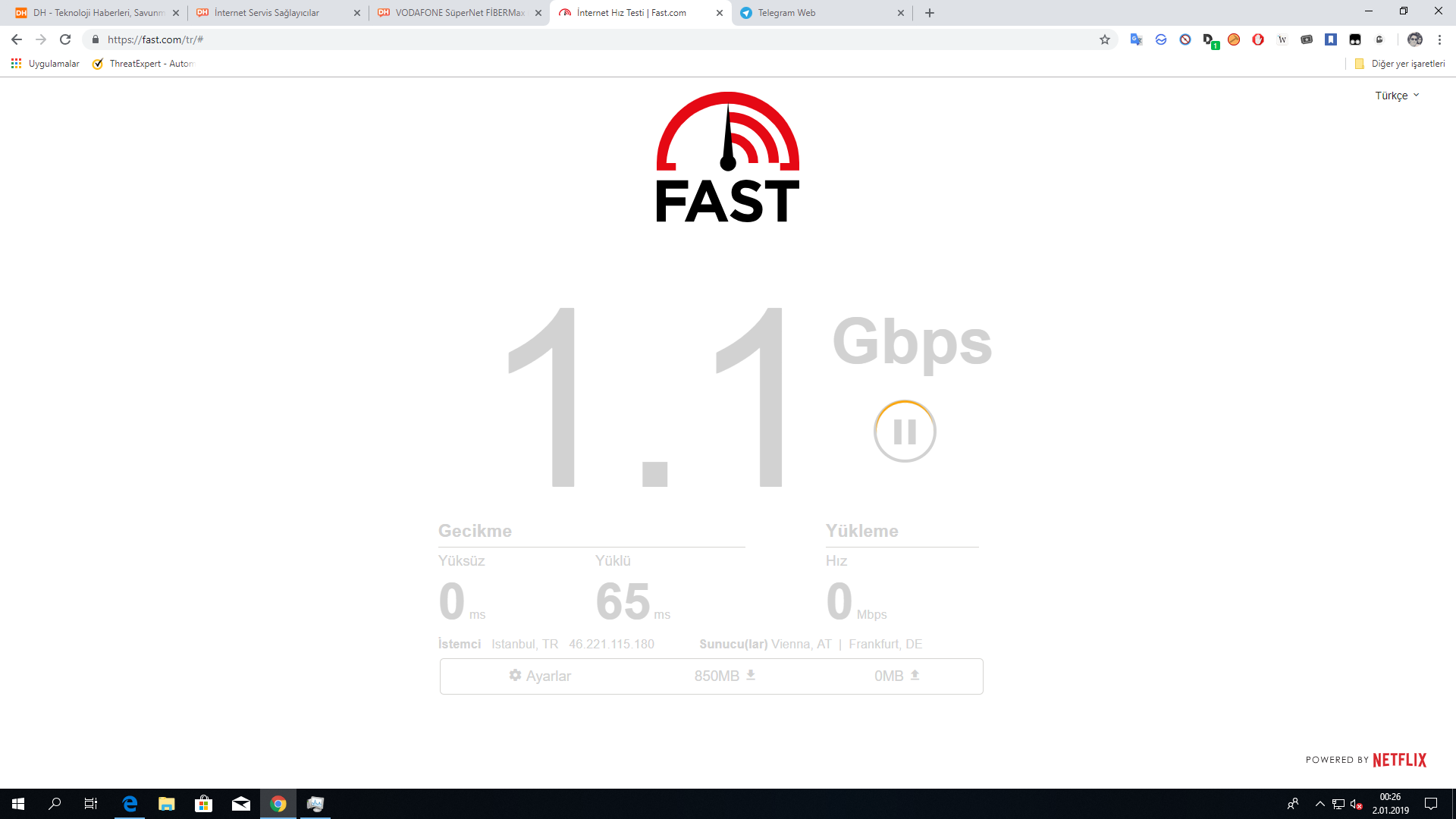 Vodafone fiber (SOL Altyapılı) fast.com 1.1 Gbps hız??????