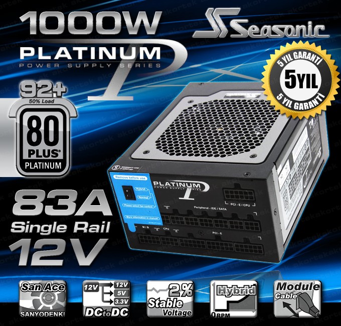  SEASONIC Platinum Serisi (SEA-SS-1000XP) 1000Watt 80+ Plus Modüler Güç Kaynağı