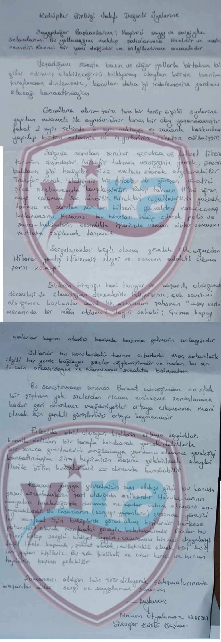  Sivasspor Kulübü Başkanı Mecnun Odyakmaz dan Kulüpler Birliğine Mektup.
