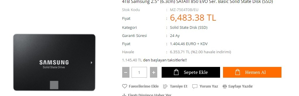 SAMSUNG EVO 4 TB SSD ÇIKARMIŞ 6.483 TL