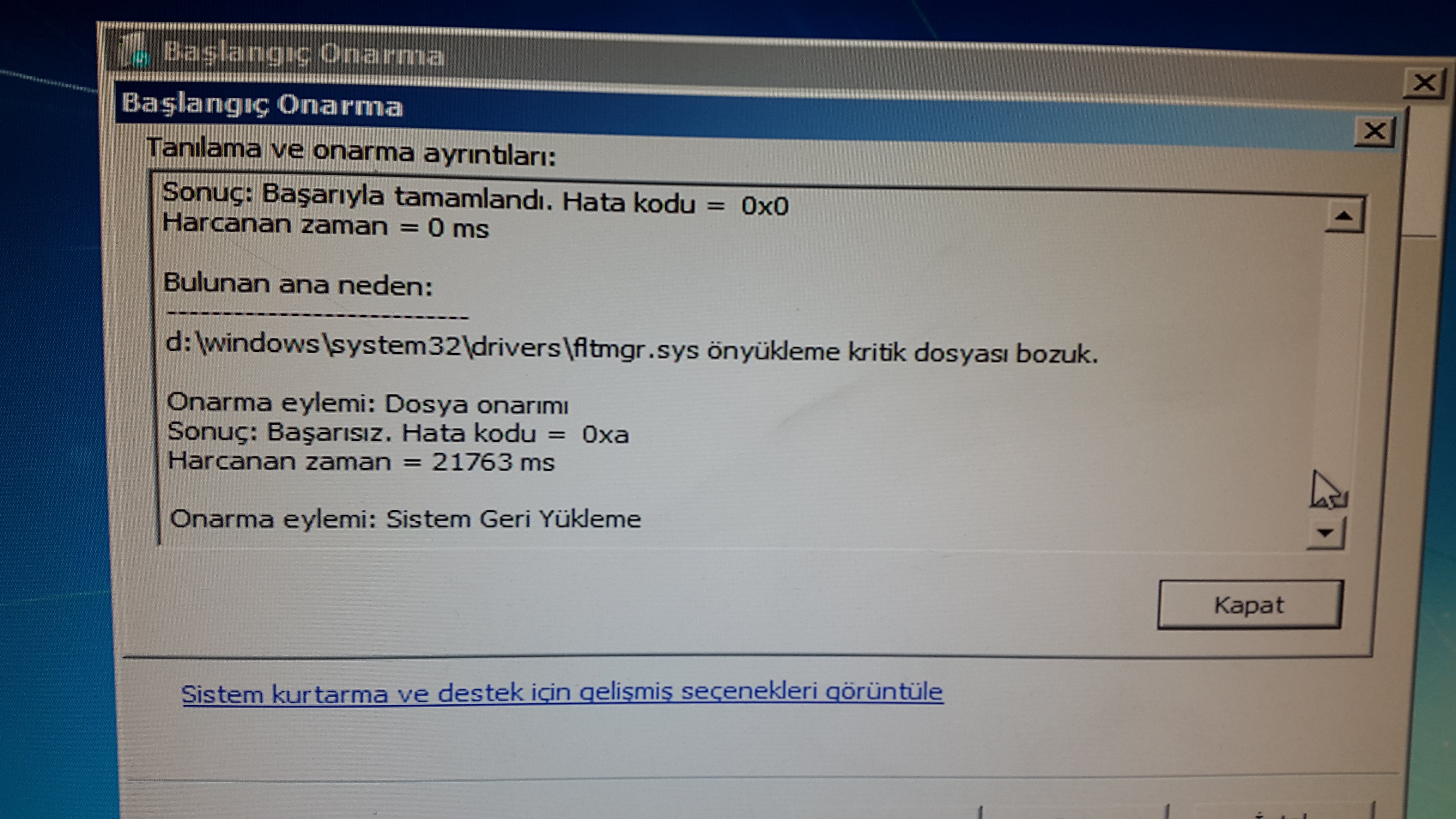 bilgisayar baslangic onarma da kaliyor