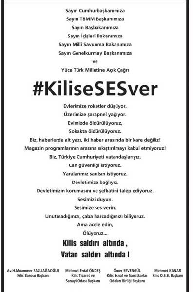  DEVLETİ 'GAZETEYE İLAN' İLE UYARAN KİLİS HALKI