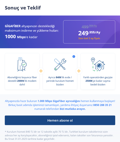 1.000 Mbps’ye kadar Hızlı İnternet TurkNet GigaFiber 499,90 TL!