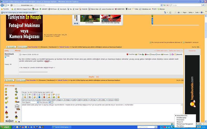  hp dv6 1220st laptop şarj aletini söktüğüm zaman pc kasmaya başlıyor