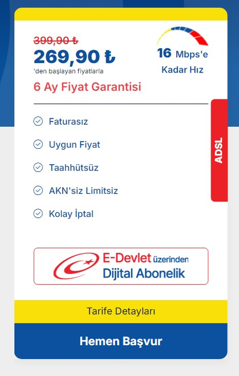 ADSL TARİFE (300 Tl altı)