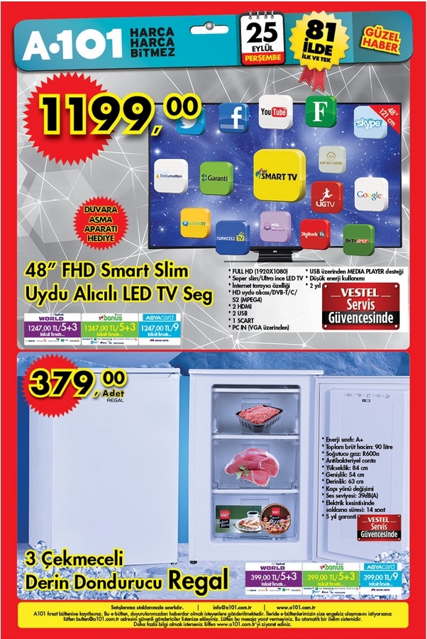  25 Eylül A101 -48' SEG Fhd,smart,dahili alıcılı slim led tv 1199 TL