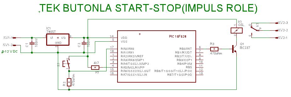  pic16f628 ile impuls röle(Tek butonla start-stop)