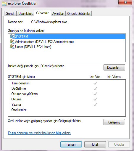  Windows 7 explorer.exe yazım korumasını kaldırdım, işlemi iptal edemiyorum